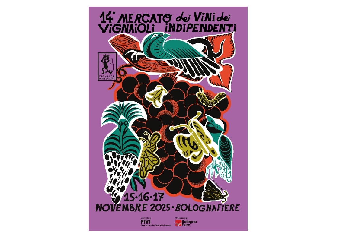 Il manifesto della quattordicesima edizione del Mercato dei Vini dei Vignaioli Indipendenti realizzato dall'illustratrice Sarah Mazzetti